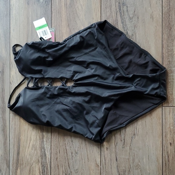 NWT Becca by Rebecca Virtue Womens Criss Cross Latrice Front Black One Swim sz L - Picture 2 of 7